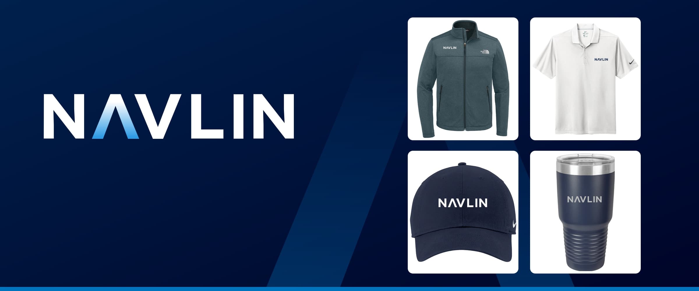 The NAVLIN logo on a navy background beside NAVLIN-branded mockups of a soft shell jacket, a polo, a cap and a tumbler
